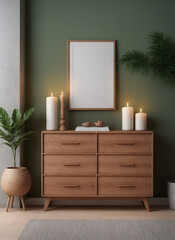 A modern interior featuring a wooden chest of drawers with a light green colour wall illustration image.
