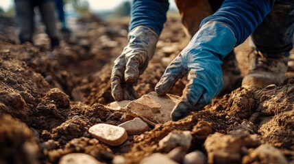 Hands Gathering Harvested Potatoes in Field