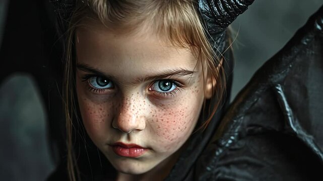 A young girl with horns and a fierce expression stares into the camera