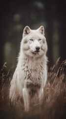 Obraz premium A tight shot of a dog in a verdant field dotted with trees The backdrop softly blurs into a tapestry of foliage and bark