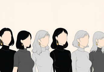 A group of women with big earrings. Sisterhood concept. Illustrations of 6 women with different skin color staying close to each other