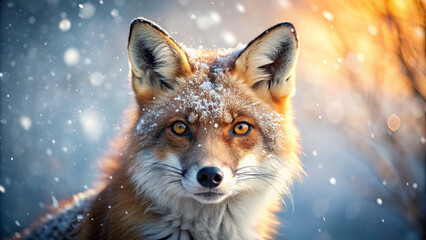 Fototapeta premium The fox stands gracefully in a snowy forest, its fur dusted with snowflakes as the warm glow of sunset creates a vivid backdrop, highlighting its keen gaze and beautiful features