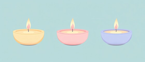Three colorful candles with flames, arranged on a soothing background, evoking a sense of calm and tranquility.