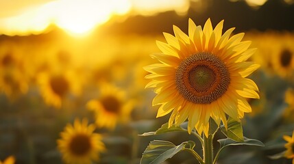 Fototapeta premium Close-up of a sunflower in a field at sunset.