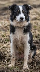 Fototapeta premium A black-and-white dog sits atop a dry grass field, bordering on a expanse of deceased grass