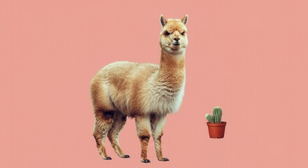 Fototapeta premium Smiling llama with cactus on pink background for quirky decor