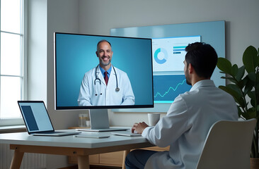 Intern talking to doctor over video meeting.