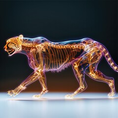 Fototapeta premium A fully transparent digital skeleton cheetah with glowing fur running. Transparent digital cheetahs, dynamic photos showing full-body bones, transparent cheetahs.