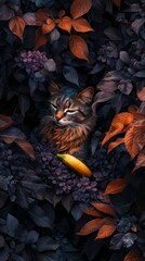  A cat lies down with a banana in its mouth amidst a bed of leaves and flowers