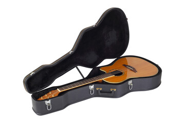 Musical instrument - Vintage electric acoustic guitar in hard case. Isolated