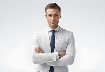 portrait of a businessman. This modern businessman exudes authority and ambition, posed in a stylish suit against a crisp white backdrop that enhances his profile.