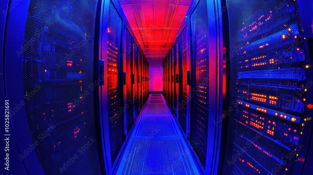Poster Server Racks in a Data Center with Red and Blue Lighting