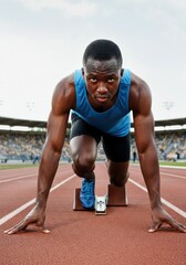 Determined athlete ready to sprint on track field