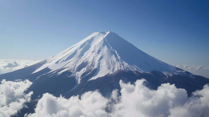Aerial View of Snow-Capped Mountain Surrounded by White Clouds, Majestic Winter Landscape Panorama.