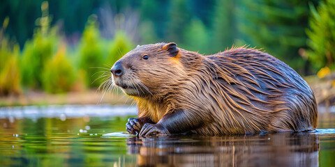 A beaver is calmly perched on the banks of a serene pond, surrounded by lush greenery, enjoying a peaceful afternoon in a tranquil forest setting