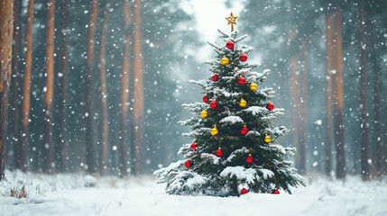 Christmas tree decorated in forest in snowdrifts in snowfall on nature outdoors