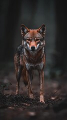 Fototapeta premium A brown and black wolf stands atop the forest floor, framed by a dense forest of numerous trees