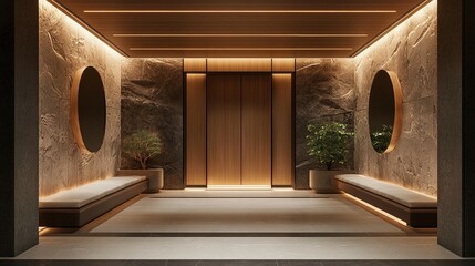 A contemporary house with stone walls, a wood paneling wall, a bench, a plant, and a window, blending nature and design.