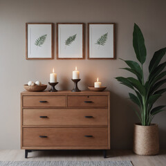 A modern interior doctor cabin featuring a Rosewood wooden chest of drawers with a dark misty rose wall Illustration image.