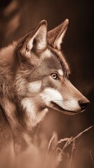Fototapeta premium A tight shot of a wolf's face against a black backdrop, its features accentuated with a warm, brown hue