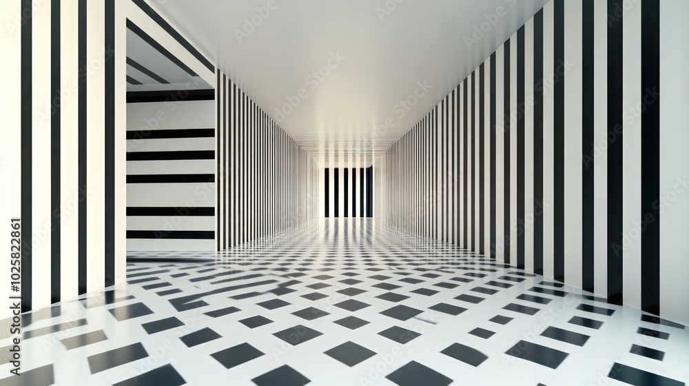 Poster an abstract hallway with black and white striped walls and checkered floor, creating a sense of dept