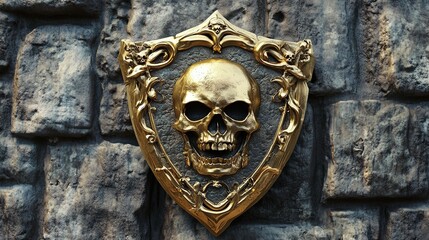 A golden skull coat of arms emblem, hanging on the stone wall of an ancient castle, in the style of fantasy art