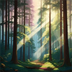 Tranquil Sunlit Forest Pathway with Tall Trees