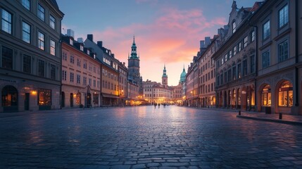 Fototapeta premium A historic city square at dawn with soft morning light illuminating the cobblestone streets, a few early risers walking through, and iconic landmarks in the background, showcasing the timeless beauty