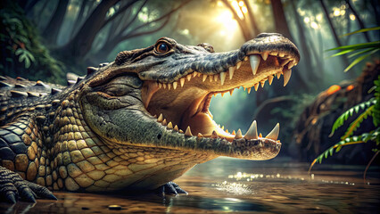 Obraz premium An alligator displays its impressive jaws while basking in the sun along the riverbank, surrounded by lush greenery and soft light filtering through the trees