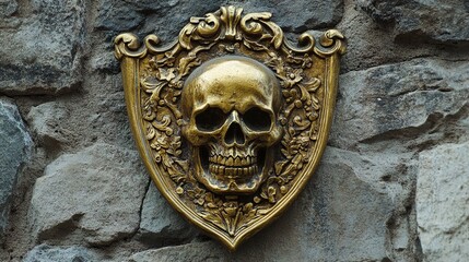 A golden skull coat of arms emblem, hanging on the stone wall of an ancient castle, in the style of fantasy art