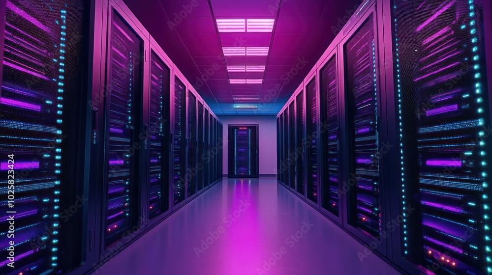 Aufkleber rows of server racks in a data center with neon lights