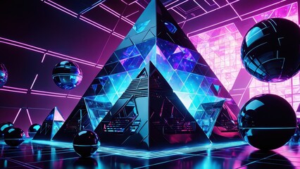 Futuristic scene featuring glowing pyramids and spheres in a digital landscape.