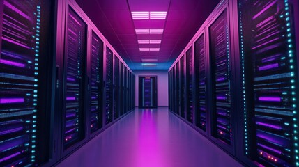 Fototapeta premium Rows of Server Racks in a Data Center with Neon Lights
