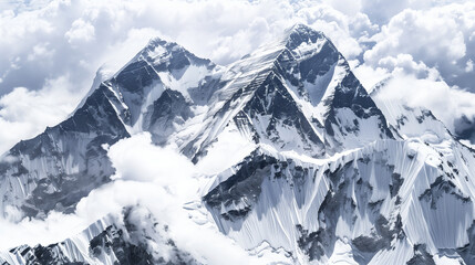 Obraz premium Aerial View of Snow-Capped Mountain Surrounded by White Clouds, Majestic Winter Landscape Panorama.