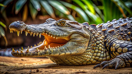 Fototapeta premium The crocodile lies with its mouth open, highlighting its sharp teeth, while vibrant greenery surrounds the setting, evoking a warm atmosphere