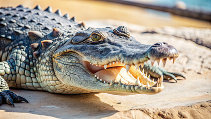 Obraz premium A crocodile rests on a sandy surface, displaying its sharp teeth and rugged skin under the warm sun, basking near a water body in a wildlife environment