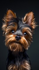 Fototapeta premium A tight shot of a dog's expressive face against a black backdrop, its brown and black features starkly defined