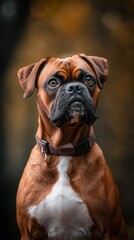 Fototapeta premium A canine with a brown and white facial marking against a black backdrop