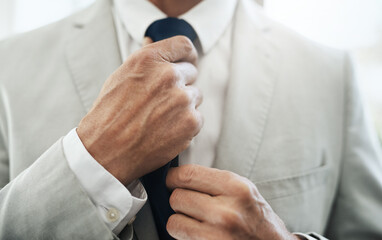 Man, hands and tie in home for business, ready and corporate fashion in morning. Professional, style and formal accessory with preparation for job interview, accounting job and designer brand suit