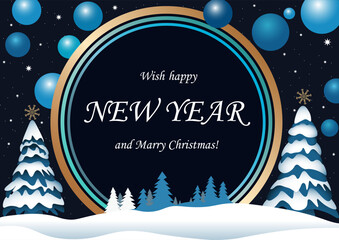 New year, merry christmas postcard with rounds elements and christmas trees on dark background (hand drawn, not AI)