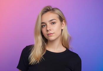 Fototapeta premium Happy young woman with blonde hair poses in a stylish black blouse against a vibrant colorful gradient background