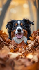  A tight shot of a dog reclining in a mound of leaves, its mouth agape and tongue extended