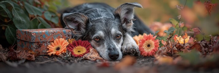  A tight shot of a dog resting on the ground Flowers are arranged in the foreground In the backdrop, a brick lies still