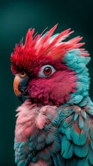  A tight shot of a red and blue bird, with distinctively textured feathers atop its head, against a softly blurred backdrop