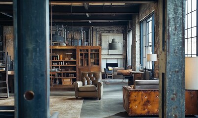 Industrial loft apartment with leather furniture.