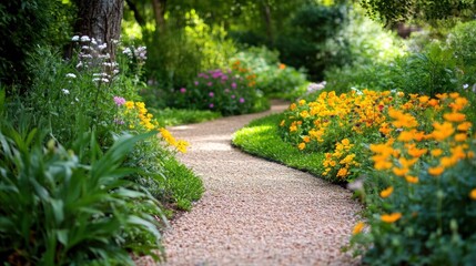Obraz premium A winding stone pathway leads through a lush garden with vibrant blooming flowers.