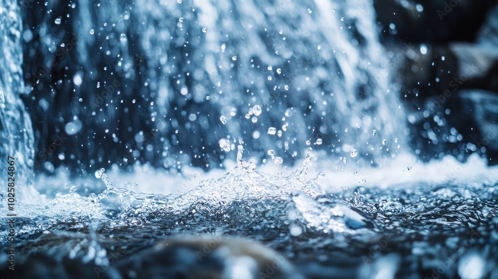 Poster close-up of water splashing and flowing over rocks at the bottom of a waterfall.