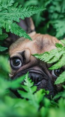 Obraz premium A tight shot of a pug's face emerging from fern leaves, its wide-open eyes gazing curiously