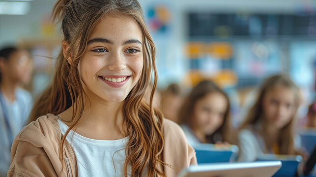 Happy middle school female student using a tablet with a smiling teacher in a modern classroom, students working on digital devices during class.