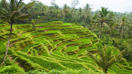 Lush Green Rice Terraces Surrounded by Palm Trees